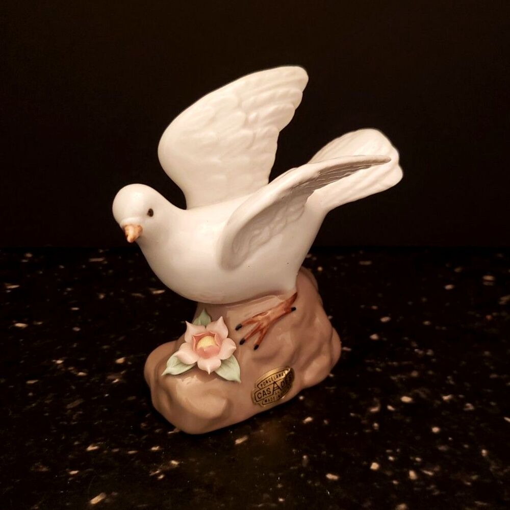 Casades Porcelain White Dove Bird Figurine Spain Porcelanas Pink Flower Vintage